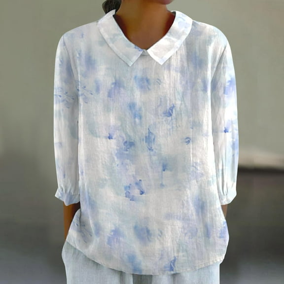 WTXUE 3/4 Length Sleeve Tops Cotton Linen Shirt Collared Shirts Casual Loose Tunic Top Cooling Shirts Lightweight Tops Trendy Work Tops Wrinkle Free Blouses Babydoll Tops for Teens Light Blue 3Xl