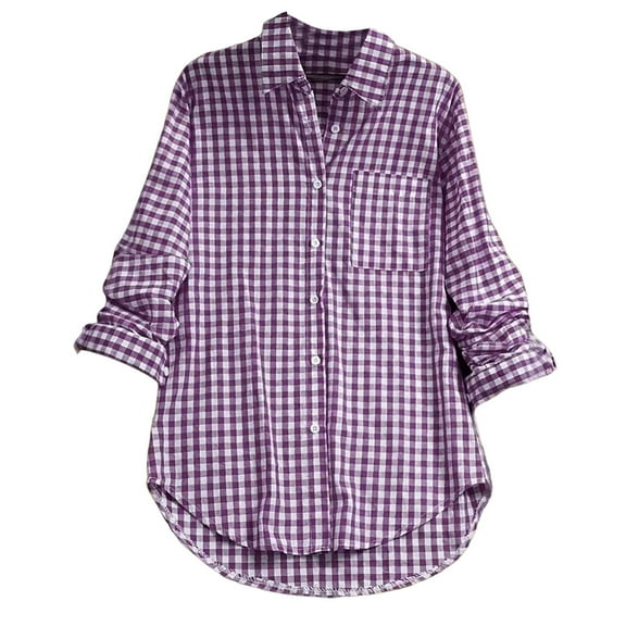 WTXUE 3/4 Length Sleeve Womens Tops Button Down Shirts Cotton Long Blouses for Women Dressy Casual Plaid Lapel Collared Shirts Cardigans Blouses Dressy Casual Fitted Blouses Tops Casual Purple M