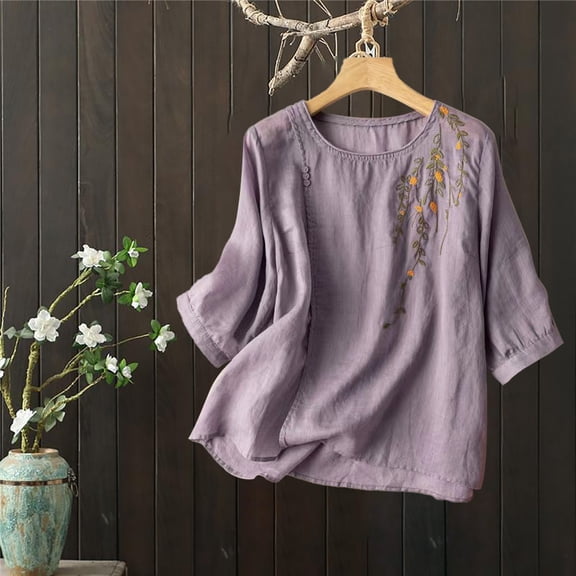 WTXUE 3/4 Sleeve Blouses Tunic Tops Cotton Linen Shirts for Women 2025 Summer Retro Embroidered Tops Round Neck Long Blouses for Women Casual Tops Soft Tshirts Plain Tops Thin Shirts Purple L