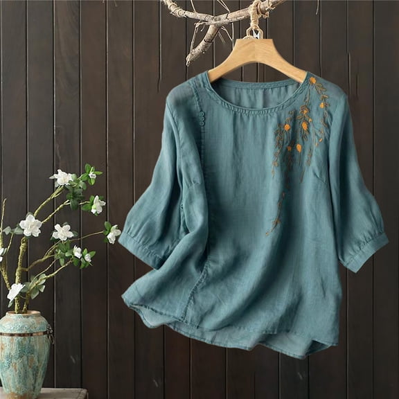 WTXUE 3/4 Sleeve Blouses Tunic Tops Cotton Linen Shirts for Women 2025 Summer Retro Embroidered Tops Round Neck Long Blouses for Women Gauze Tops Soft Tshirts Fashion Blouses Floral Blouses Blue L