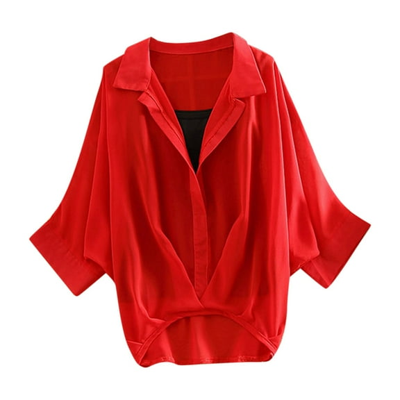 WTXUE 3/4 Sleeve Tops and Blouses Chiffon Blouses Gauze Shirts Long Tunic Tops for Women Loose Fit Blouses for Women Dressy Casual Plus Size Tops Casual Tops Fitted T Shirts Red Xl