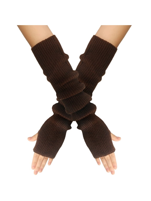 Arm Sleeves, Fingerless Gloves Solid Color Knitted with Thumb Hole Unisex Warm Gloves Arm Warmers, Coffee