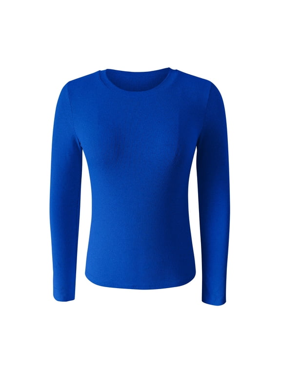 Base Layers Base Layer Women Cold Weather Women's Spring And Summer Pure Color Stripes High Elastic Long Sleeved Undershirt Top, Blue X-Large