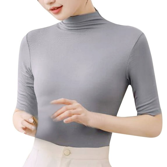 WTXUE Base Layers Elbow-Length, Crew Neck Women's Slim Underlay T Shirt Medium Sleeve Versatile Top Solid | Casual for Women Grey XL