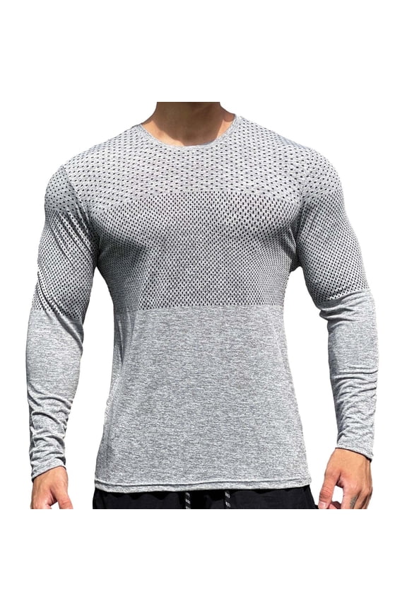 Base Layers Long Sleeve, Crew Neck Mesh Breathable Sweat Pullover Base Shirt Running Basketball Outdoor Training Light Jacket Activewear for Men Grey L