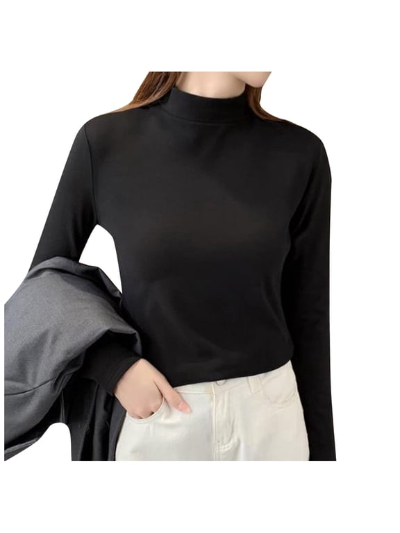 Sillenn Base Layers Long Sleeve, Mock Neck Women Slim Solid Mock Turtleneck Blouse Slim Stretchy Layer Tee Shirts Solid Casual Tops for Women Black XL
