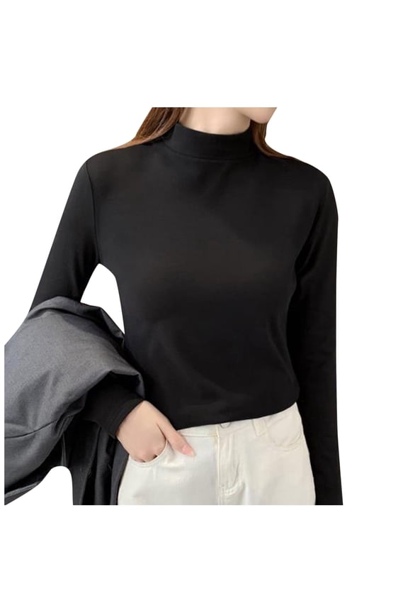 Base Layers Long Sleeve, Mock Neck Women Slim Solid Mock Turtleneck Blouse Slim Stretchy Layer Tee Shirts Solid Casual Tops for Women Black XL