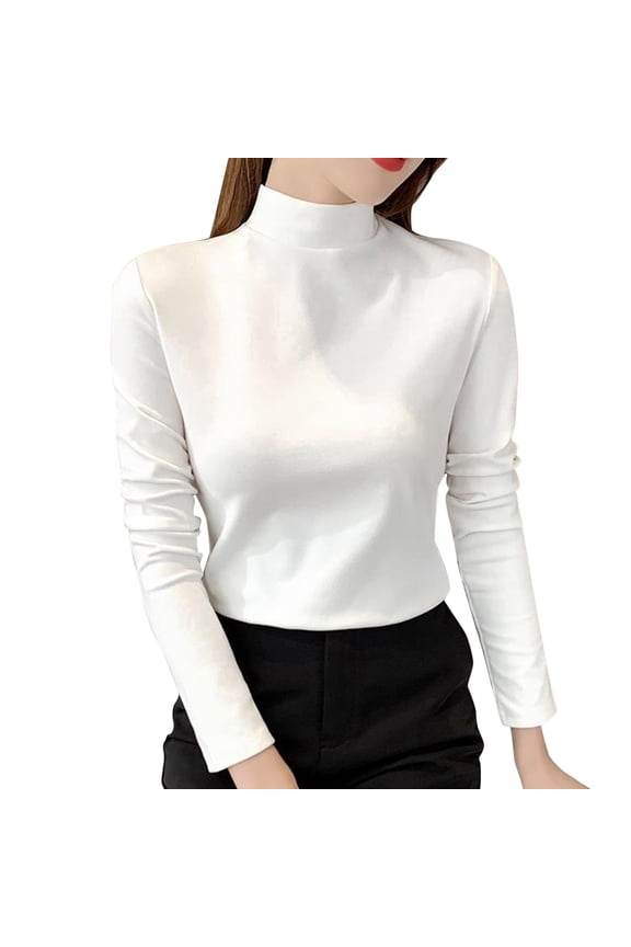 Base Layers Long Sleeve, Mock Neck Women Slim Solid Mock Turtleneck Blouse Slim Stretchy Layer Tee Shirts Solid Casual Tops for Women White L