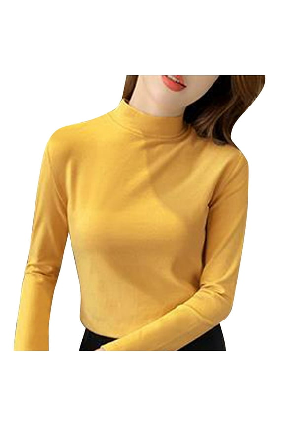 Base Layers Long Sleeve, Mock Neck Women Slim Solid Mock Turtleneck Blouse Slim Stretchy Layer Tee Shirts Solid Casual Tops for Women Yellow XL