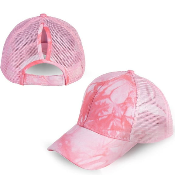 WTXUE Baseball Cap Trucker Hat Tie-Dye Print Ponytail Messy Buns Trucker Plain Baseball Visor Cap Unisex Hat Mesh Hat Snapback Hats Outdoor Hat Pink One Size