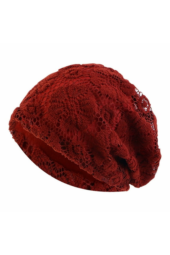 Beanie Cold Cap Women's Foldable Cooling Mesh Handmade Floral Lace Cotton Chemotherapy Hair Loss Caps Slouchy Hat Thick Fleece Lined Hat Comfort Hat Cute Hats Wine One Size
