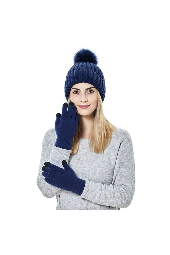 Beanie, Gloves for Women Winter Womens Warm Hat Thick Hat Warm Soft with Gloves Knitted Knit Ski Cuff Baseball Caps Gloves with Touchscreen Fingers, Navy