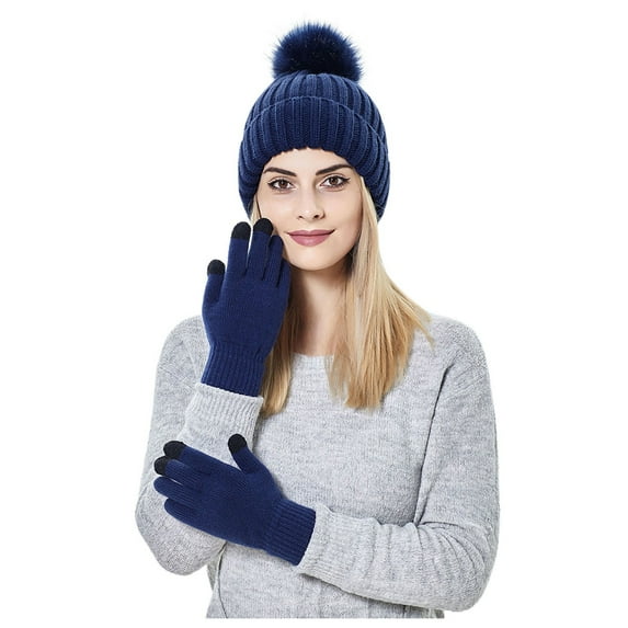 WTXUE Beanie, Gloves for Women Winter Womens Warm Hat Thick Hat Warm Soft with Gloves Knitted Knit Ski Cuff Baseball Caps Gloves with Touchscreen Fingers, Navy