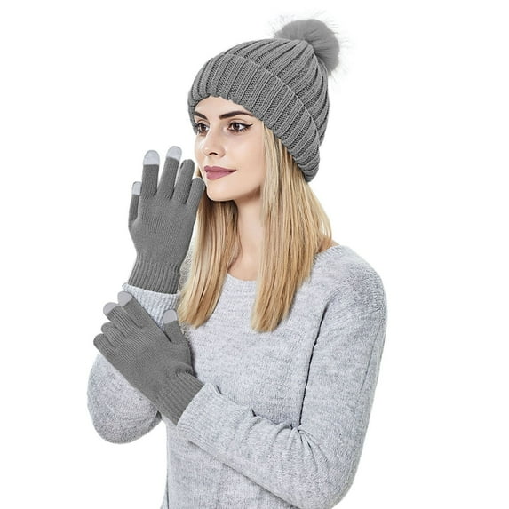 WTXUE Beanie, Gloves for Women Winter Womens Warm Hat Thick Hat Warm Soft with Gloves Knitted Knit Ski Cuff Baseball Caps Gloves with Touchscreen Fingers, Silver