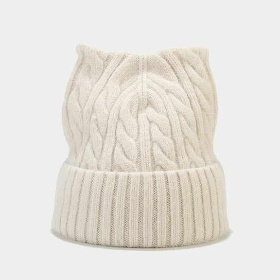 WTXUE Beanie Knit Hat Cat Ear Hat Cute Cat Knitted Hat Winter Knit Cable Hat for Women Girls Thick Fleece Lined Hat Soft Warm Hat Winter Hat Beige One Size