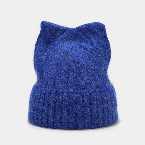 WTXUE Beanie Knit Hat Cat Ear Hat Cute Cat Knitted Hat Winter Knit Cable Hat for Women Girls Thick Fleece Lined Hat Soft Warm Hat Winter Hat Blue One Size