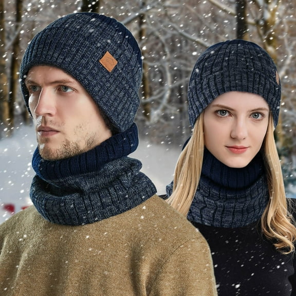 WTXUE Beanie Knit Hat Men's And Women's Winter Knitted Fleece Windproof Hood Scarf Coif Winter Knit Hat Warm Hats for Adult Windproof Hat Hat And Scarf Set Winter Warm Hat Navy One Size