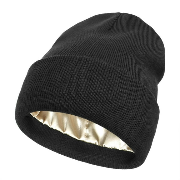 WTXUE Beanie Knit Hat Satin Lined Beanie for Women Knit Satin Lined Winter Hats for Women Silk Lined Beanie Cap Warm Beanie Hat Thick Fleece Lined Hat Outdoor Hat Winter Warm Hat Black One Size