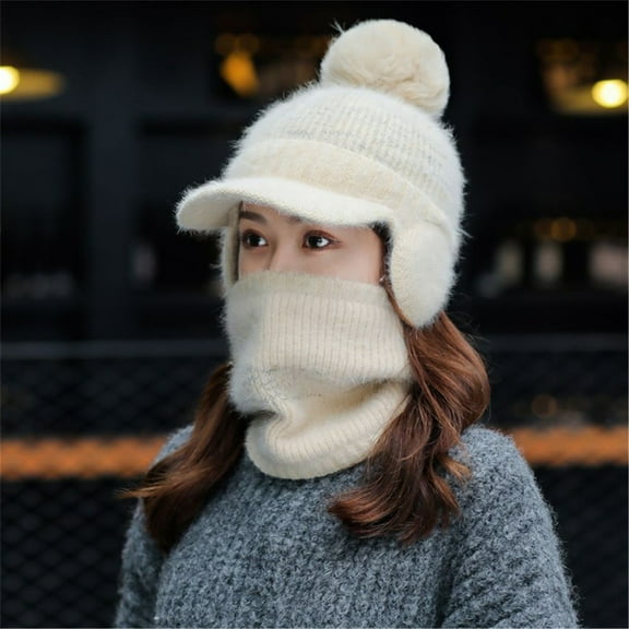 WTXUE Beanie Knit Hat Womens Earmuffs Add Flocking Thermal Cycling Warm Winter Hat Knitting Scarf Hat Thick Fleece Lined Hat Soft Warm Hat Winter Hat Beige One Size
