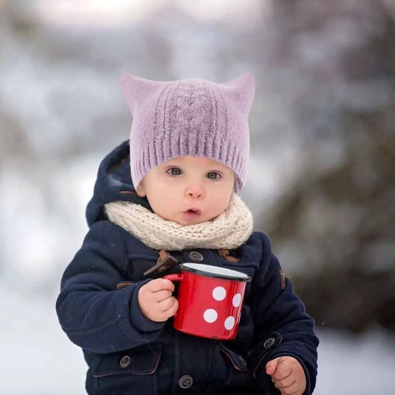 WTXUE Beanie Lined Children's Baby Hat Cat Ear Protector Plush Knitting Solid Color Pullover Cap Cute Hats Soft Warm Hat Winter Hat E One Size