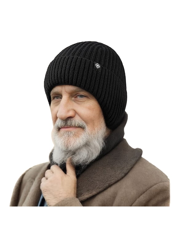 Beanie, Men Knitted Hat Women Earflap Winter Hats Mens Wool Cap Warm Cap Slouchy with Ear Warmer, Black