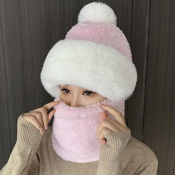 WTXUE Beanie Skull Cap Women Windproof Scarf Hat Winter Warm Scarf Hat Set Soft Knitted Plush Hat Windproof Hat Ski Hat Winter Warm Hat Pink One Size