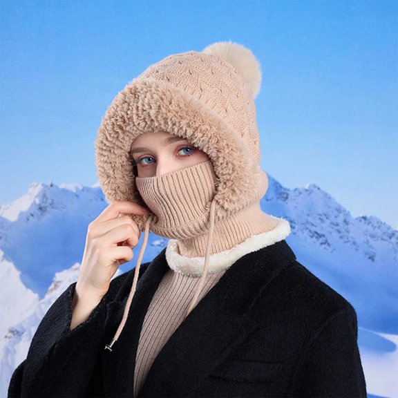 WTXUE Beanie Winter Face Masks Hood Ski Over Windproof Plush Hood Fuzzy Ski Winter Adjustable Women Men Ski Mask Outdoor Hat Winter Hat Khaki One Size