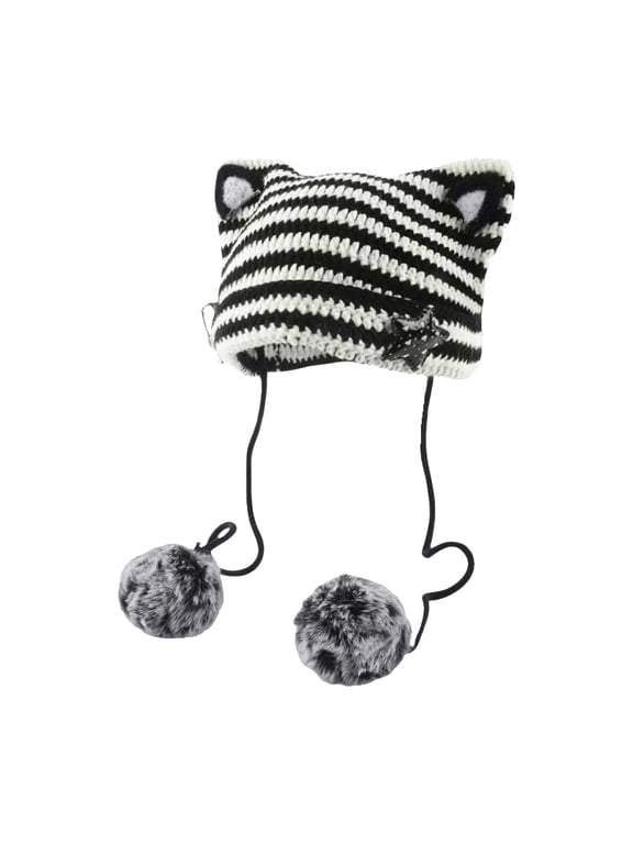Beanie, Women Cat Ear Hat with Pom Poms Star Accessories Goth Crochet Knitted Slouchy Skully Caps Alt Clothes, Black