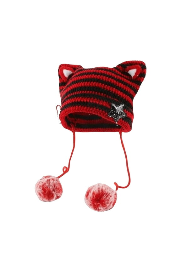 Beanie, Women Cat Ear Hat with Pom Poms Star Accessories Goth Crochet Knitted Slouchy Skully Caps Alt Clothes, Red