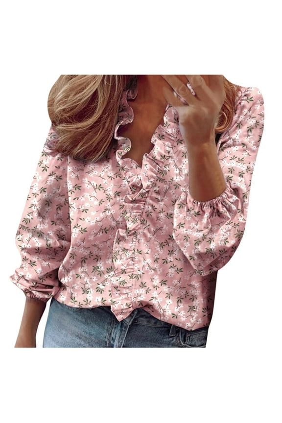 Blouses & Tops Long Sleeve, Lace Neckline Women's Summer V-Neck Short Print Sleeve T-Shirt Top Solid Dressy Ruffle Blouse Layered Look for Women Pink S
