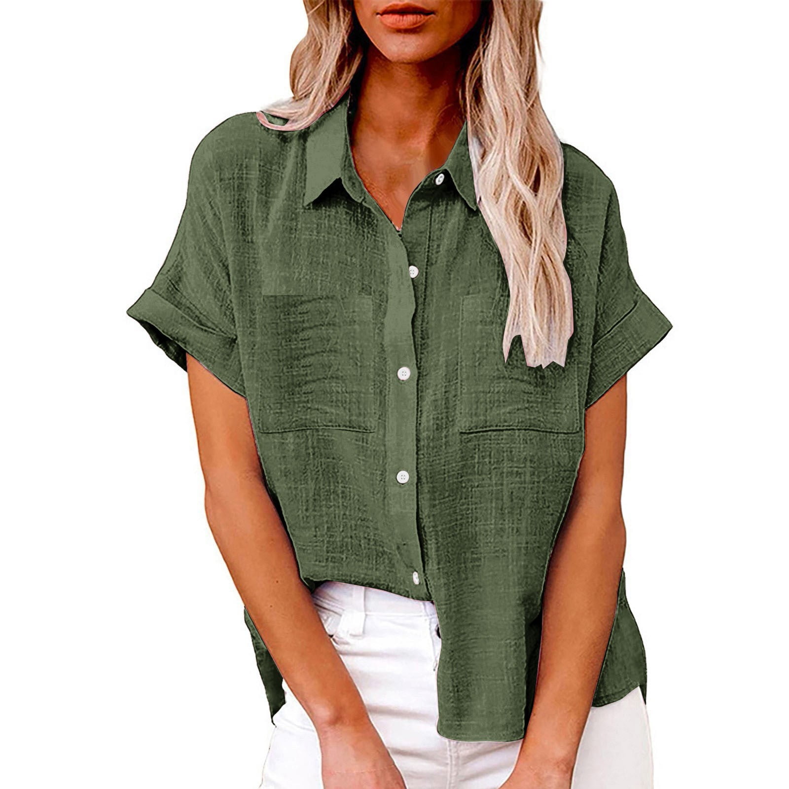 【ULLALA】Elling short sleeve women's fair green WTXUE Blouses & Tops Long Sleeve, Notch Neck Linen Shirts