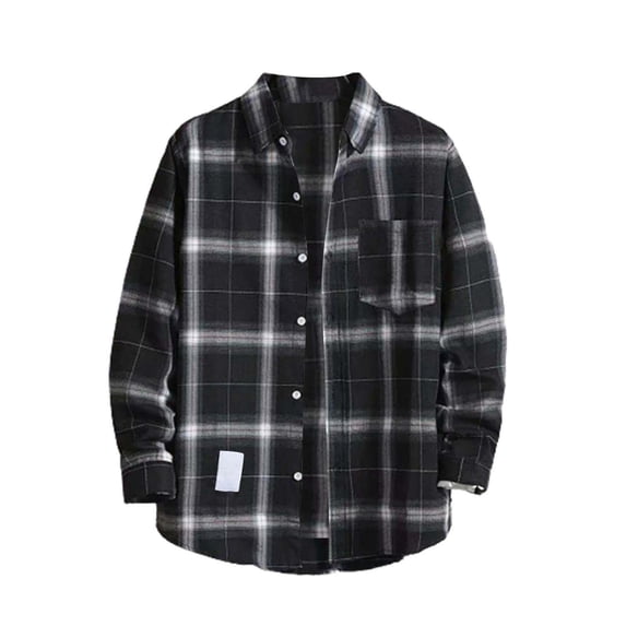 WTXUE Blouses & Tops Long Sleeve, Notch Neck Mens Shirts Mens Fall Shirt Lapel Button Shirt Tops Cardigan Plaid | Workwear for Men Black/Plaid XL