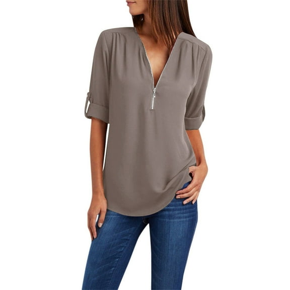 WTXUE Blouses for Women Button Women LadiesLoose Shirt Chiffon Zipper s Plus Size Tops Long Sleeve Plus Size Tops for Women, Gray 5X-Large