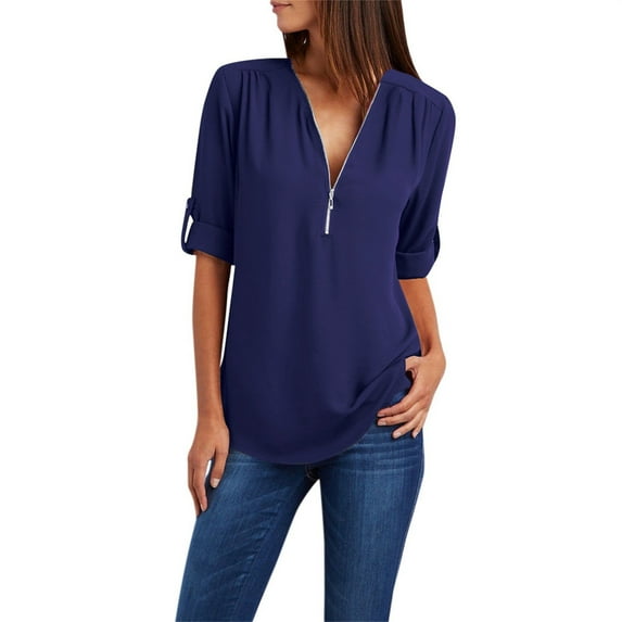 WTXUE Blouses for Women Button Women LadiesLoose Shirt Chiffon Zipper s Plus Size Tops Long Sleeve Plus Size Tops for Women, Navy Medium