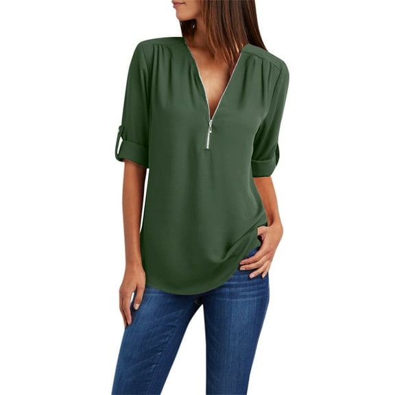 WTXUE Blouses for Women Button Women LadiesLoose Shirt Chiffon Zipper s Plus Size Tops Long Sleeve Plus Size Tops for Women, Sage Green 4X-Large