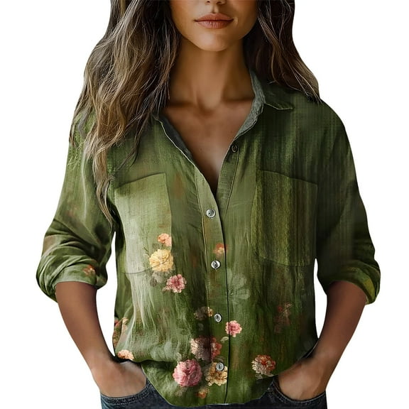 WTXUE Boho Tops for Women Button Down Shirts 3/4 Sleeve Tops Floral Printed Tops Blouses Elegant Casual Trendy Tops Collared Shirts Basic Shirts Plain Blouses Womens Business Blouses Green L