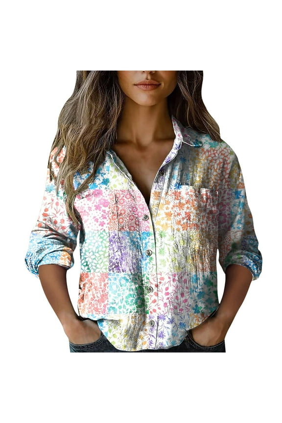 Boho Tops for Women Button Down Shirts Retro Floral Tops Printed Blouses Collared Shirts V Neck Shirts 3/4 Sleeve Tops Loose Blouses Casual Blouses Plus Size Tops Basic Shirts Pink 3Xl