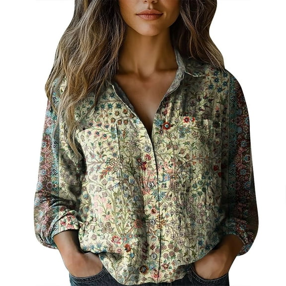 WTXUE Boho Tops for Women Long Sleeve Shirts Button Down Blouses for Women Dressy Casual Tunic Tops Retro Floral Tops Print Blouses Wrinkle Free Blouses Cute Summer Tops Breathable Shirts Grey L