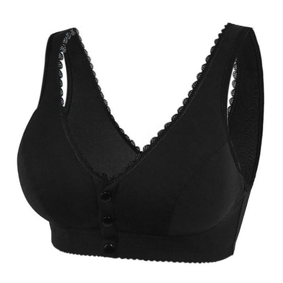 WTXUE Bras for Women, Daisy Bras for Older Women 2024 Convenient Front Closure Button Cotton Bras for Seniors No Underwire Breathable Button Leisure Bra, Black