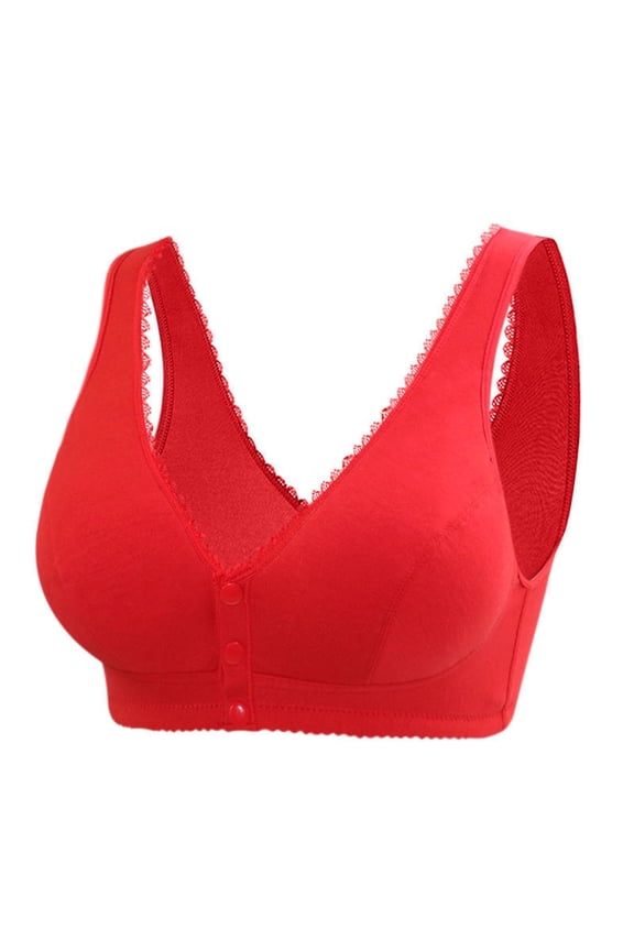 Bras for Women, Daisy Bras for Older Women 2024 Convenient Front Closure Button Cotton Bras for Seniors No Underwire Breathable Button Leisure Bra, Red