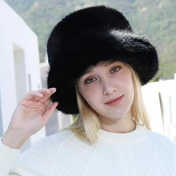 WTXUE Bucket Hat Fishing Hat Women Fashion Solid Color Mink Hat Windproof Warm Dome Hat Casual Plush In Winter Windproof Hat Soft Warm Hat Winter Hat Black One Size