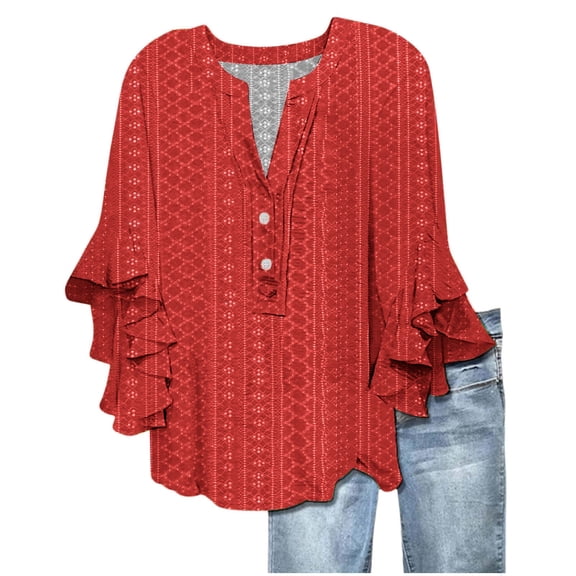WTXUE Business Casual Shirts 3/4 Length Sleeve Womens Tops V Neck Button Up Tops Ruffle Blouses for Women Oversized Tshirts Tunic Tops Flowy Shirts Modest Blouses Pretty Blouses Plain Blouses Red Xl