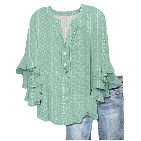 WTXUE Business Casual Shirts 3/4 Length Sleeve Womens Tops V Neck Button Up Tops Ruffle Blouses for Women Oversized Tshirts Tunic Tops Flowy Shirts Wrinkle Free Blouses Basic Tees Fitted Tops Green L
