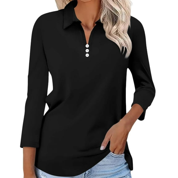 WTXUE Business Casual Shirts Tunic Tops Fashion 3/4 Sleeve T Shirt V Neck Button Up Shirts Basic Tees Trendy Henley Blouses Work Outfits Fitted Tops Lightweight Shirts Loose Fitting Tops Black S