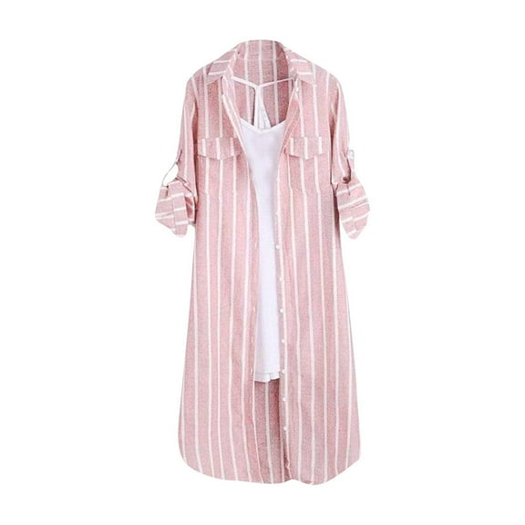 WTXUE Button Down Blouses for Women Dressy Casual Long Sleeve Shirts Striped Shirt Extra Long Shirts Loose Fit Tops Oversized Tshirts Boyfriend Shirts Womens Tops Spring Tops Fitted Tops Pink Xl