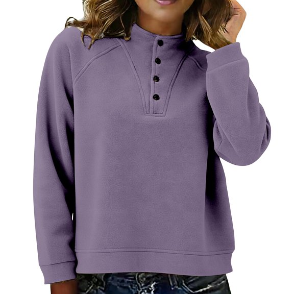 WTXUE Button Crop Sweatshirts for Women Oversized Fleece Lined Long Sleeve Mock Neck Henley Heart Pullover Sweatshirts Winter Comfort Loose Fit Sweatshirts Crop Tops Purple L