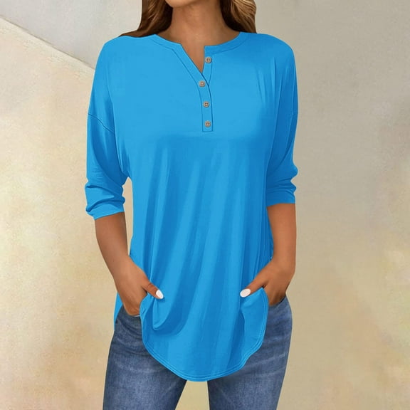 WTXUE Button Down Shirts 3/4 Length Sleeve Womens Tops Womens Tops 2025 Spring Neck Casual Print Tunic T Shirts Three Quarter Length Womens Tops V Neck T Shirts Loose Fitting Tops Women Blouses Blue L