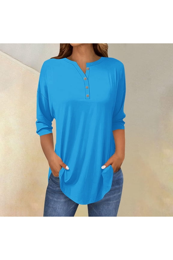 Button Down Shirts 3/4 Length Sleeve Womens Tops Womens Tops 2025 Spring Neck Casual Print Tunic T Shirts Three Quarter Length Womens Tops V Neck T Shirts Loose Fitting Tops Women Blouses Blue L