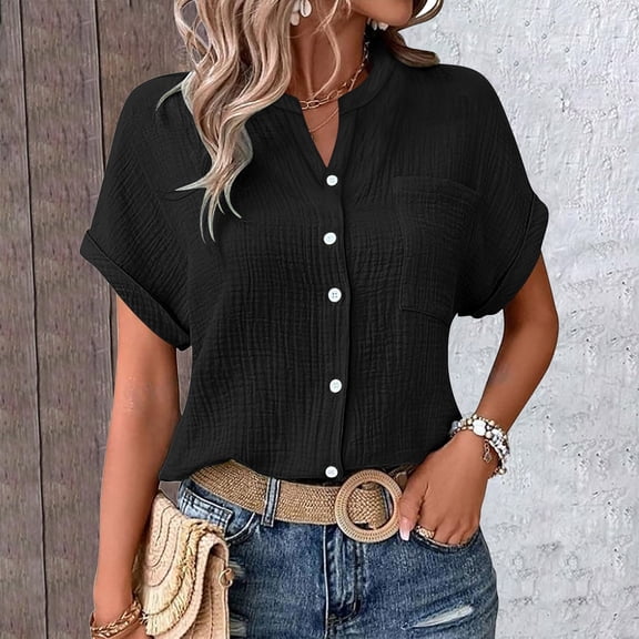 WTXUE Button Down Shirts Double Lined Tops Blouses Casual Tops Batwing Sleeve Pocket Patched Shirt Casual Work T Shirts Double Layer Wrinkled Fabric Dolman Sleeve Tops Crop Tops Women Blouses Black L