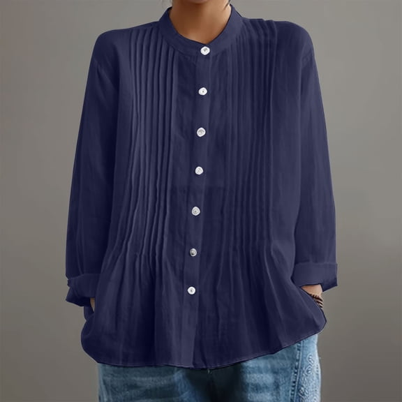 WTXUE Button Down Shirts Long Sleeve Shirts Pleated Shirt With Retro Front Pleats – Soft Linen Like Fabric Easy Regular Fit Elegant Design Linen Shirts Tunic Tops Loose Fitting Tops Dark Blue Xxl
